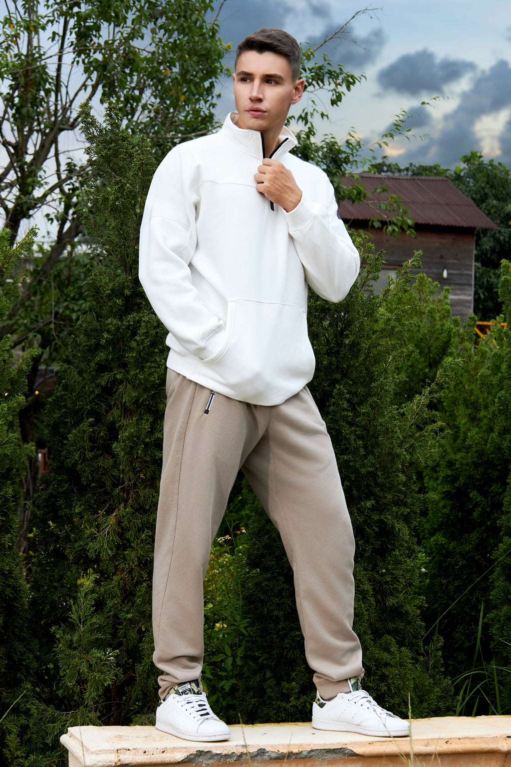 La Forbie Áo sweatshirt nam vải nỉ khóa kéo 1/4, túi kangaroo