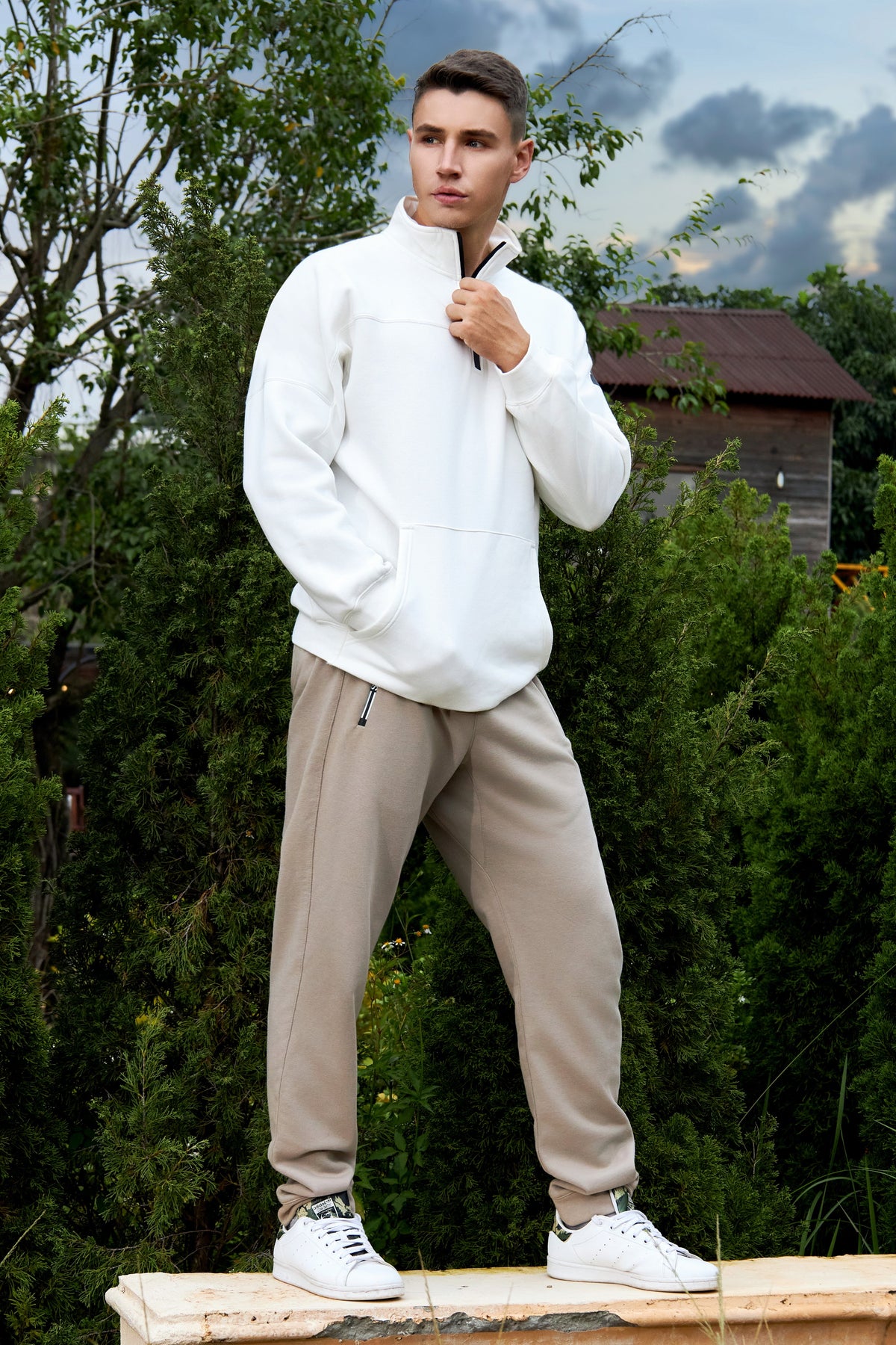 La Forbie Áo sweatshirt nam vải nỉ khóa kéo 1/4, túi kangaroo