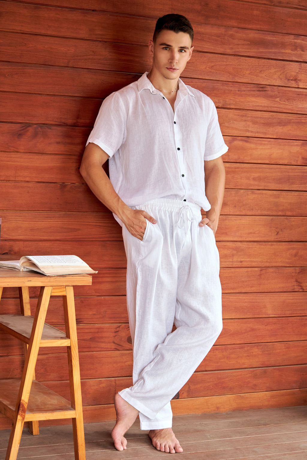 La Forbie áo sơ mi linen nam tay ngắn