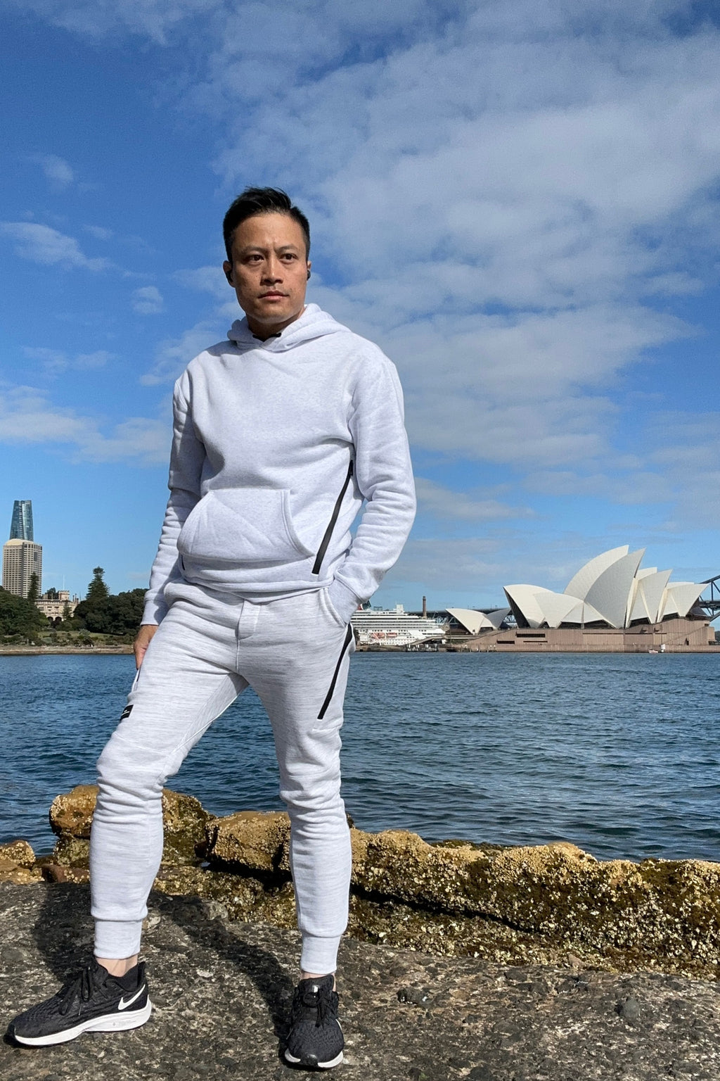 La Forbie Áo hoodie nam vải nỉ dáng pullover, túi khóa kéo