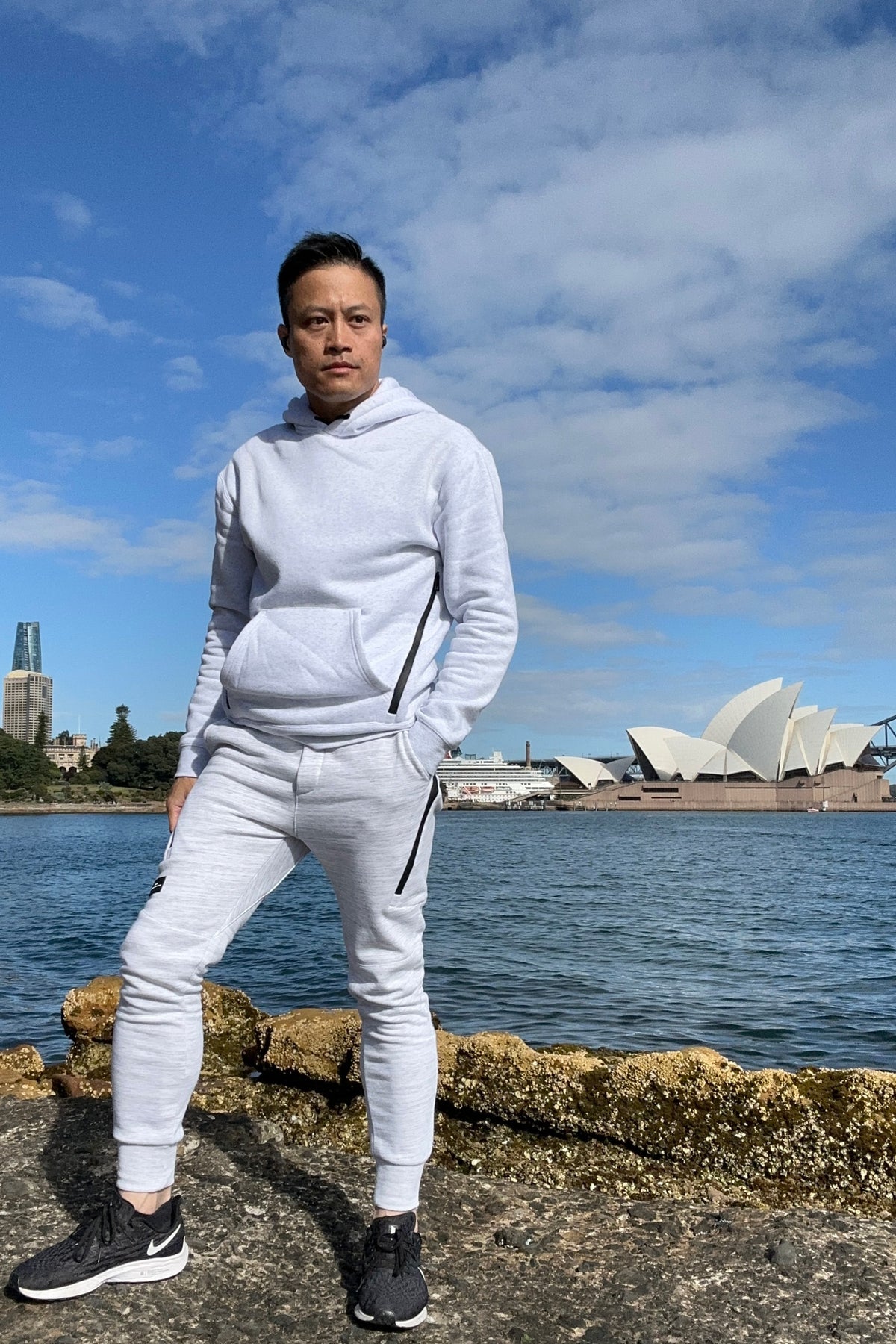 La Forbie Áo hoodie nam vải nỉ dáng pullover, túi khóa kéo